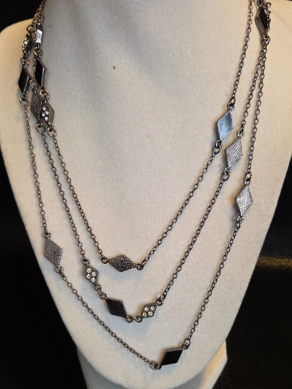 58 Inch Black Diamond Shaped Metal, Black Enamel And Crystal Pendant Necklace -